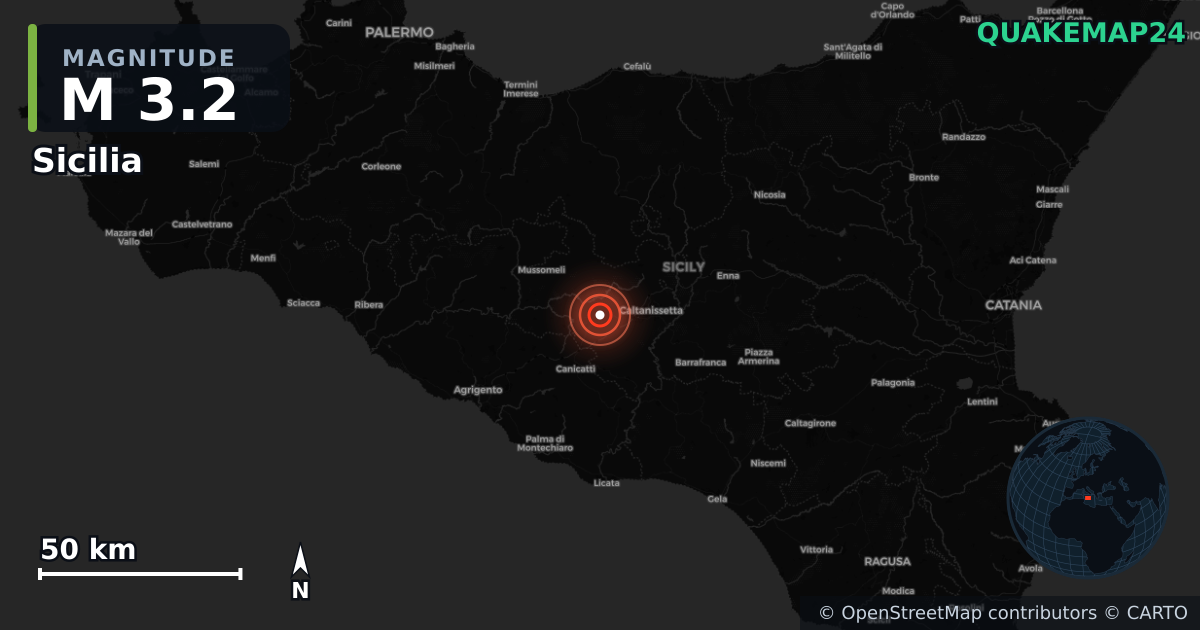 M3.2 earthquake near Sicilia on Oct 14, 2025 — map of epicenter and shaking intensity | QuakeMap24