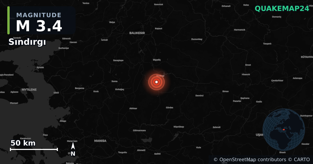 M3.4 earthquake near Sındırgı on Oct 28, 2025 — map of epicenter and shaking intensity | QuakeMap24