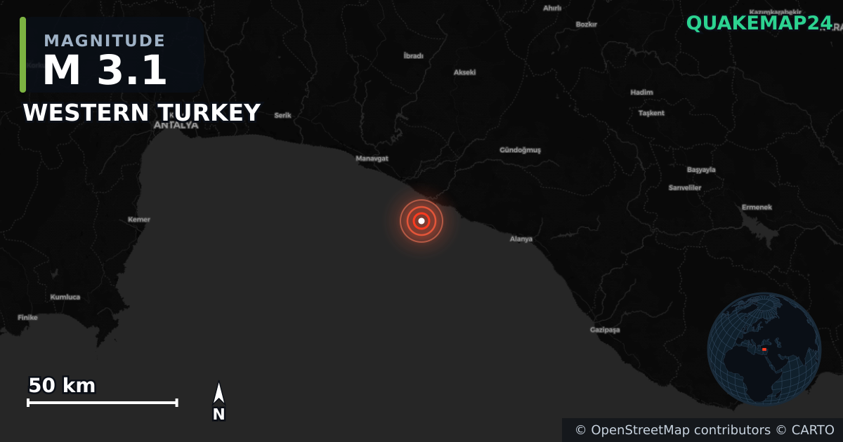 M3.1 earthquake near WESTERN TURKEY on Jun 7, 2025 — map of epicenter and shaking intensity | QuakeMap24