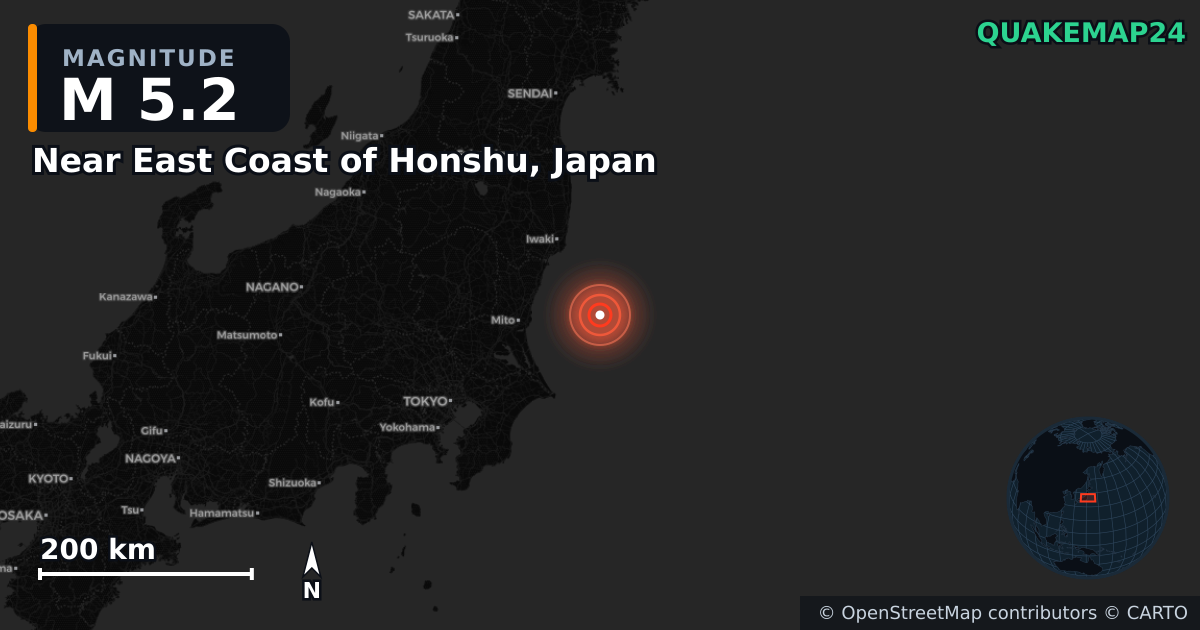 M5.2 earthquake near Near East Coast of Honshu, Japan on Aug 13, 2025 — map of epicenter and shaking intensity | QuakeMap24