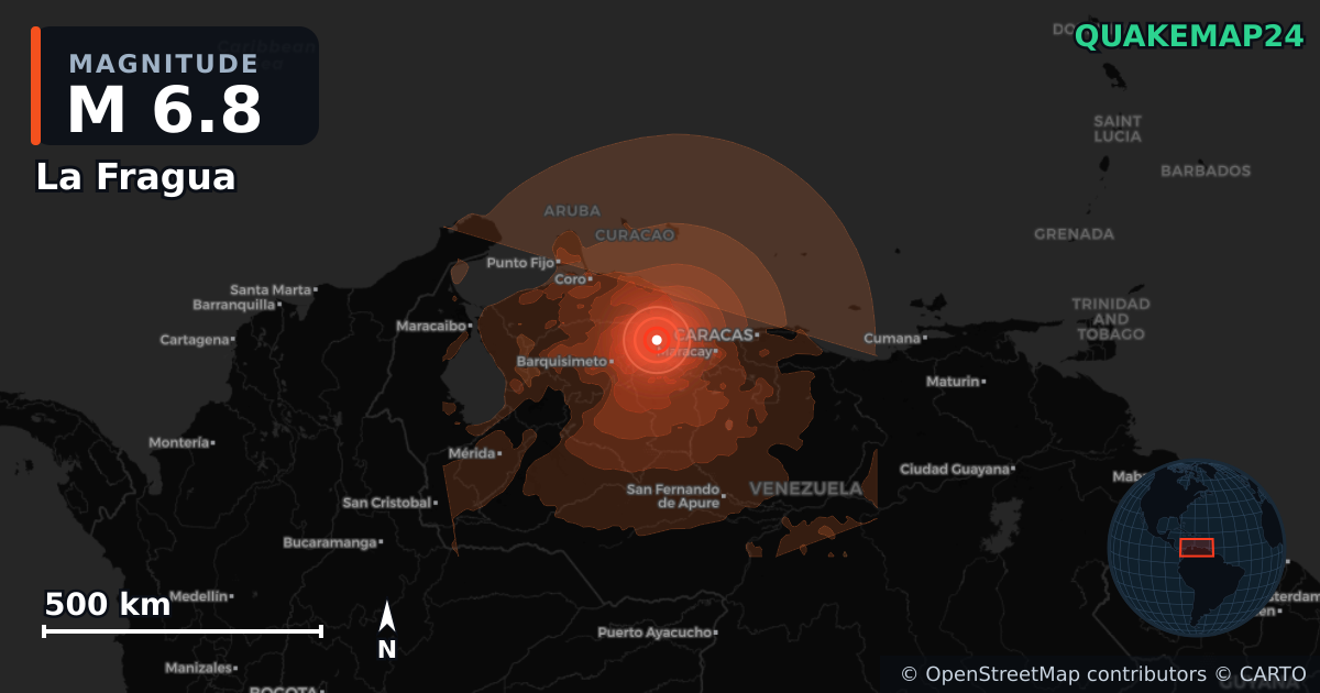M6.8 earthquake near La Fragua on Jun 24, 2026 — map of epicenter and shaking intensity | QuakeMap24
