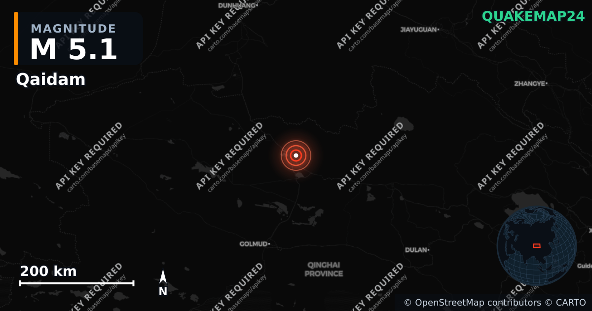M5.1 earthquake near Qaidam on Jun 23, 2026 — map of epicenter and shaking intensity | QuakeMap24