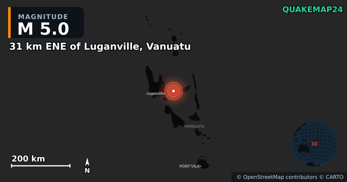M5.0 earthquake near 31 km ENE of Luganville, Vanuatu on Apr 22, 2026 — map of epicenter and shaking intensity | QuakeMap24