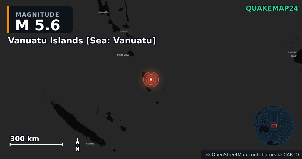 M5.6 earthquake near Vanuatu Islands [Sea: Vanuatu] on Apr 2, 2026 — map of epicenter and shaking intensity | QuakeMap24