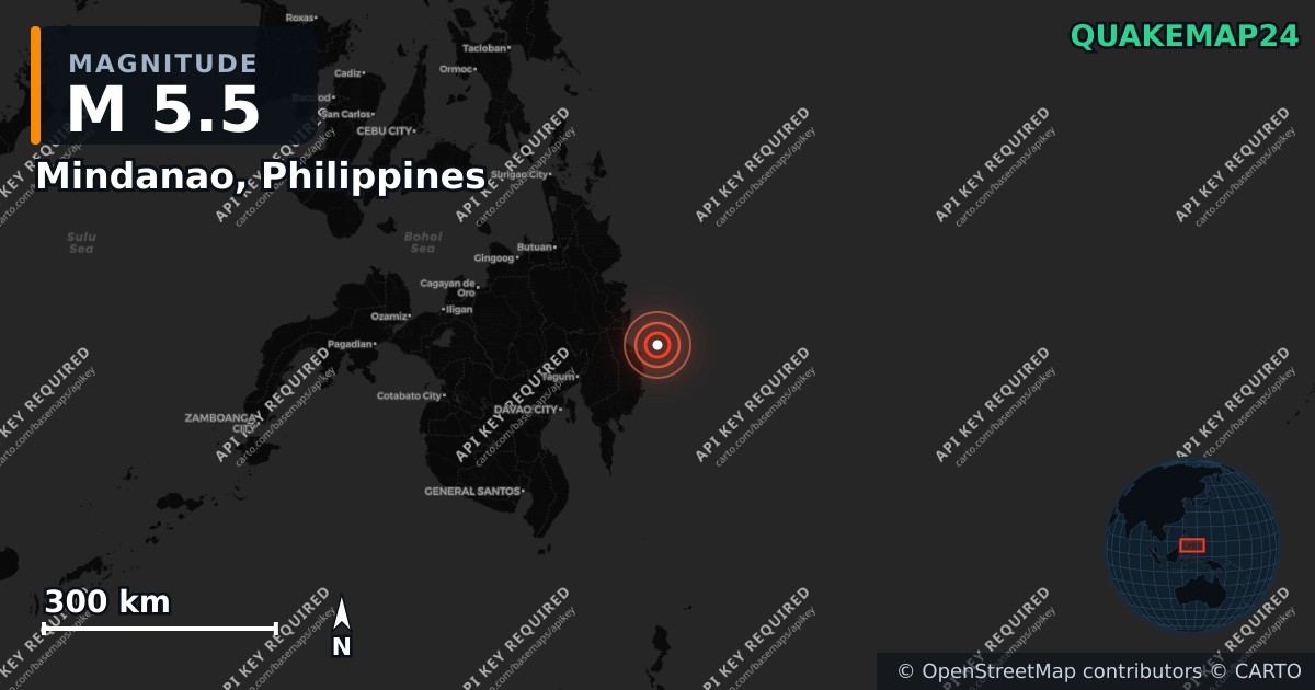 M5.5 earthquake near Mindanao, Philippines on May 6, 2026 — map of epicenter and shaking intensity | QuakeMap24