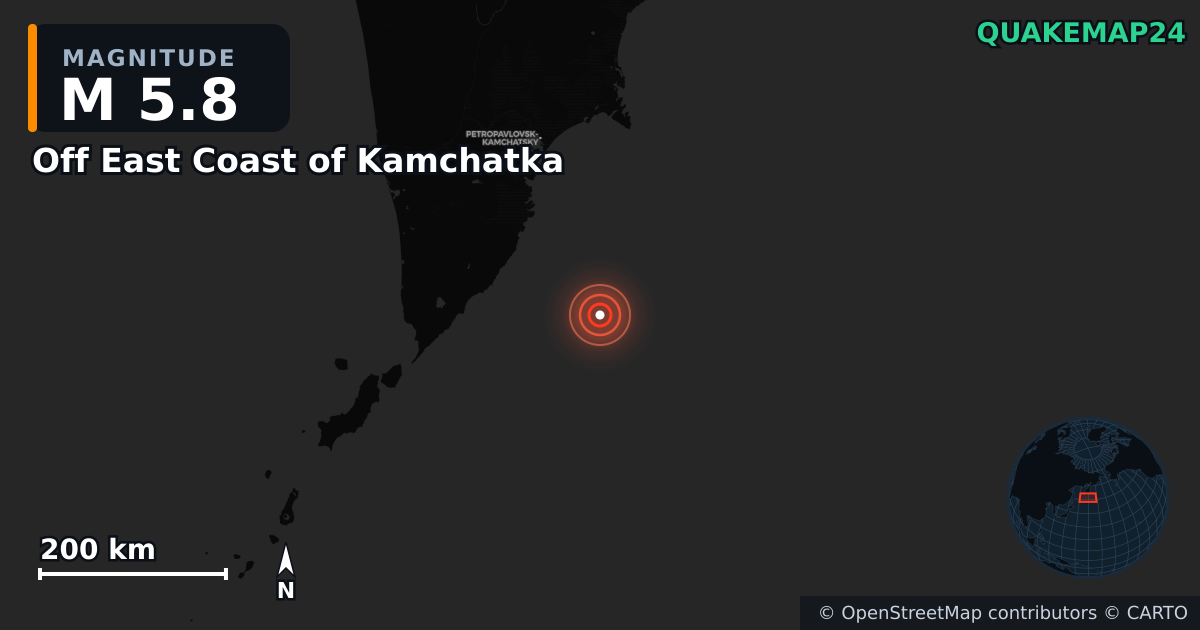 M5.8 earthquake near Off East Coast of Kamchatka on Oct 23, 2025 — map of epicenter and shaking intensity | QuakeMap24