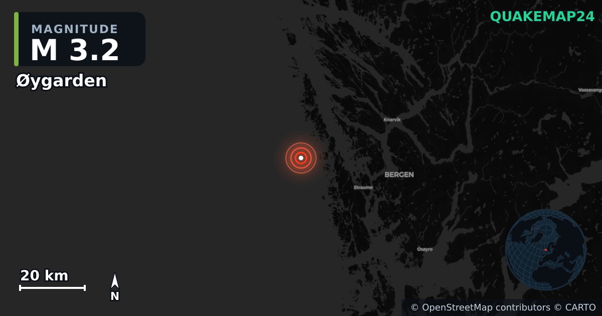 M3.2 earthquake near Øygarden on Jul 2, 2026 — map of epicenter and shaking intensity | QuakeMap24