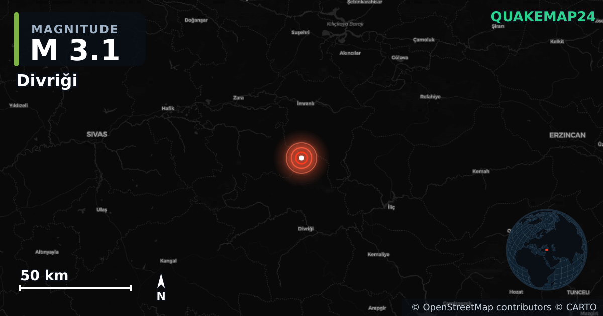 M3.1 earthquake near Divriği on Jun 29, 2025 — map of epicenter and shaking intensity | QuakeMap24