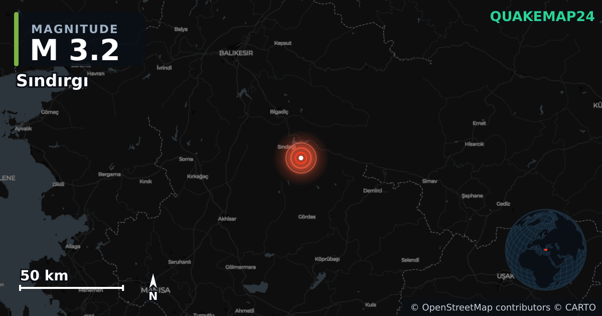 Terremoto de M3,2 cerca de Sındırgı (Turquía) · 2025-12-07 — Mapa de la ubicación del epicentro