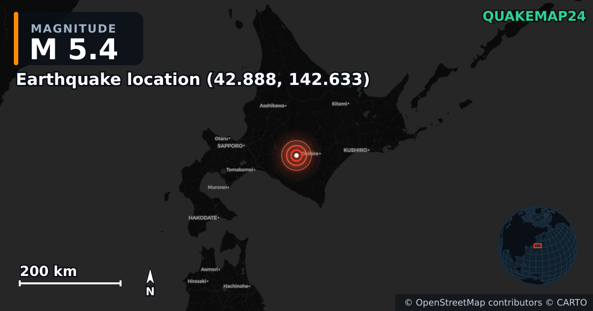 M5.4 earthquake near Deprem konumu (42.888, 142.633) on Dec 8, 2025 — map of epicenter and shaking intensity | QuakeMap24