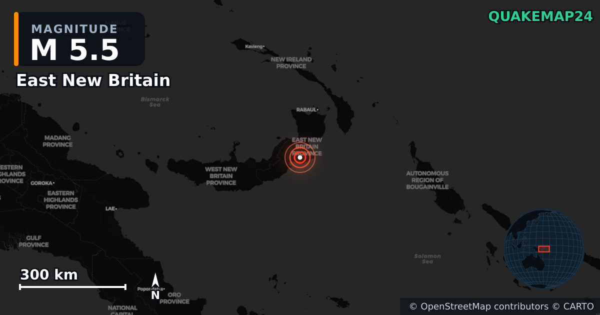 M5.5 earthquake near East New Britain on Dec 21, 2025 — map of epicenter and shaking intensity | QuakeMap24
