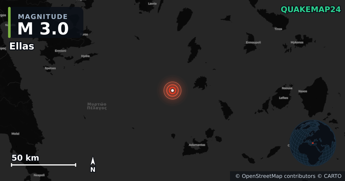 M3.0 earthquake near Ellas on May 17, 2026 — map of epicenter and shaking intensity | QuakeMap24