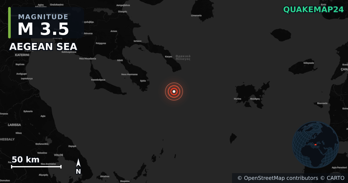 M3.5 earthquake near AEGEAN SEA on May 3, 2025 — map of epicenter and shaking intensity | QuakeMap24