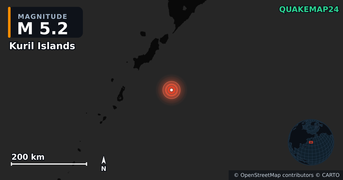 M5.2 earthquake near Kuril Islands on Jul 31, 2025 — map of epicenter and shaking intensity | QuakeMap24