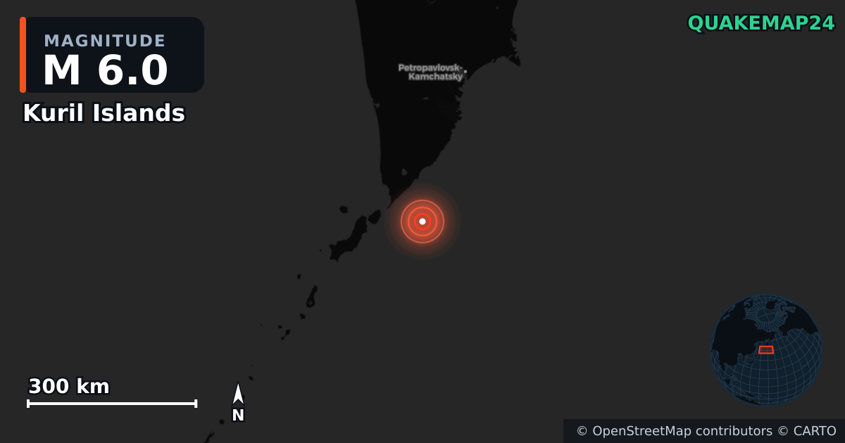M6.0 earthquake near Kuril Islands on Jul 30, 2025 — map of epicenter and shaking intensity | QuakeMap24