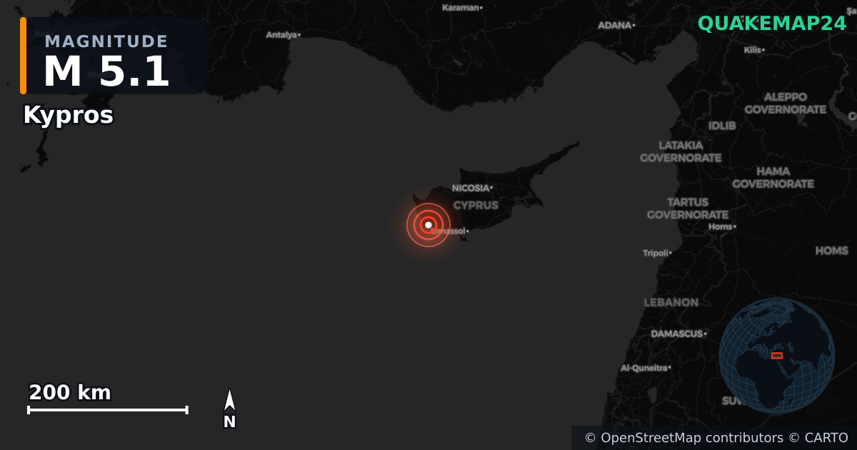 M5.1 earthquake near Kypros on Nov 12, 2025 — map of epicenter and shaking intensity | QuakeMap24