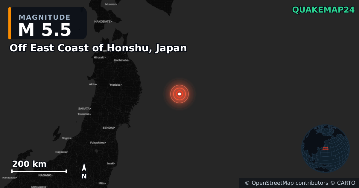 M5.5 earthquake near Off East Coast of Honshu, Japan on Nov 8, 2025 — map of epicenter and shaking intensity | QuakeMap24