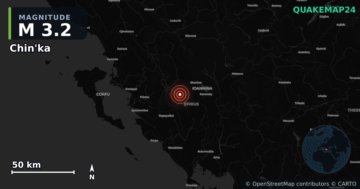 M3.2 earthquake near Chin'ka on Aug 17, 2026 — map of epicenter and shaking intensity | QuakeMap24