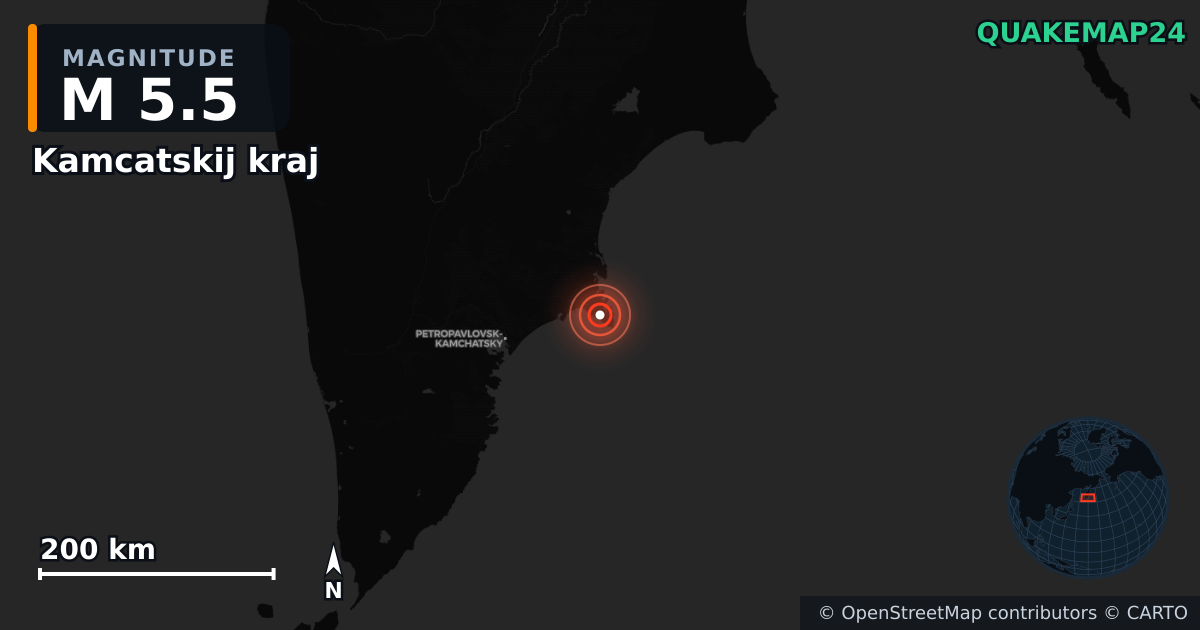 M5.5 earthquake near Kamcatskij kraj on Sep 15, 2025 — map of epicenter and shaking intensity | QuakeMap24