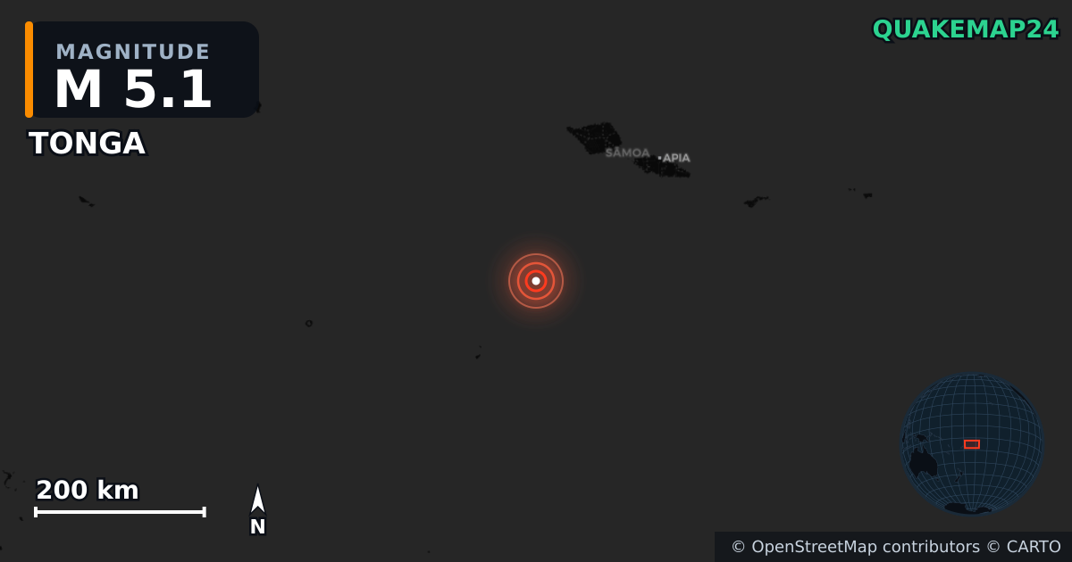 TONGA yakınında M5,1 deprem — Deprem merkez üssünün konumunu gösteren harita