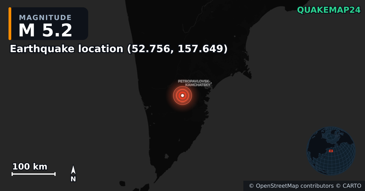 M5.2 earthquake near Deprem konumu (52.756, 157.649) on Sep 17, 2025 — map of epicenter and shaking intensity | QuakeMap24