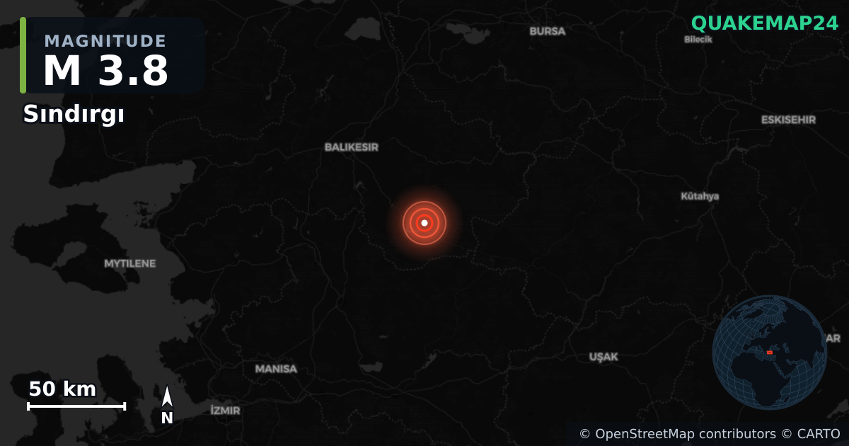 M3.8 earthquake near Sındırgı on Nov 7, 2025 — map of epicenter and shaking intensity | QuakeMap24