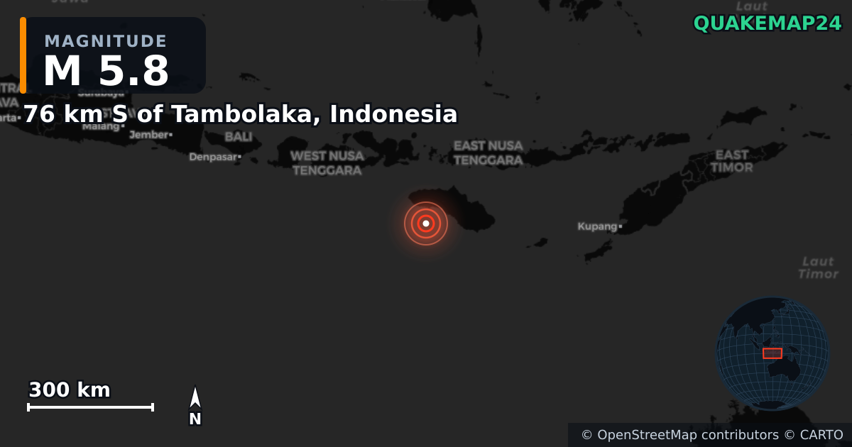 M5.8 earthquake near 76 km S of Tambolaka, Indonesia on May 5, 2026 — map of epicenter and shaking intensity | QuakeMap24