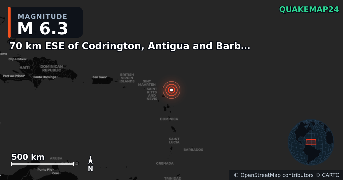 Σεισμός M6,3 κοντά στο 70 km ESE of Codrington, Antigua and Barbuda — Χάρτης της θέσης του επικέντρου