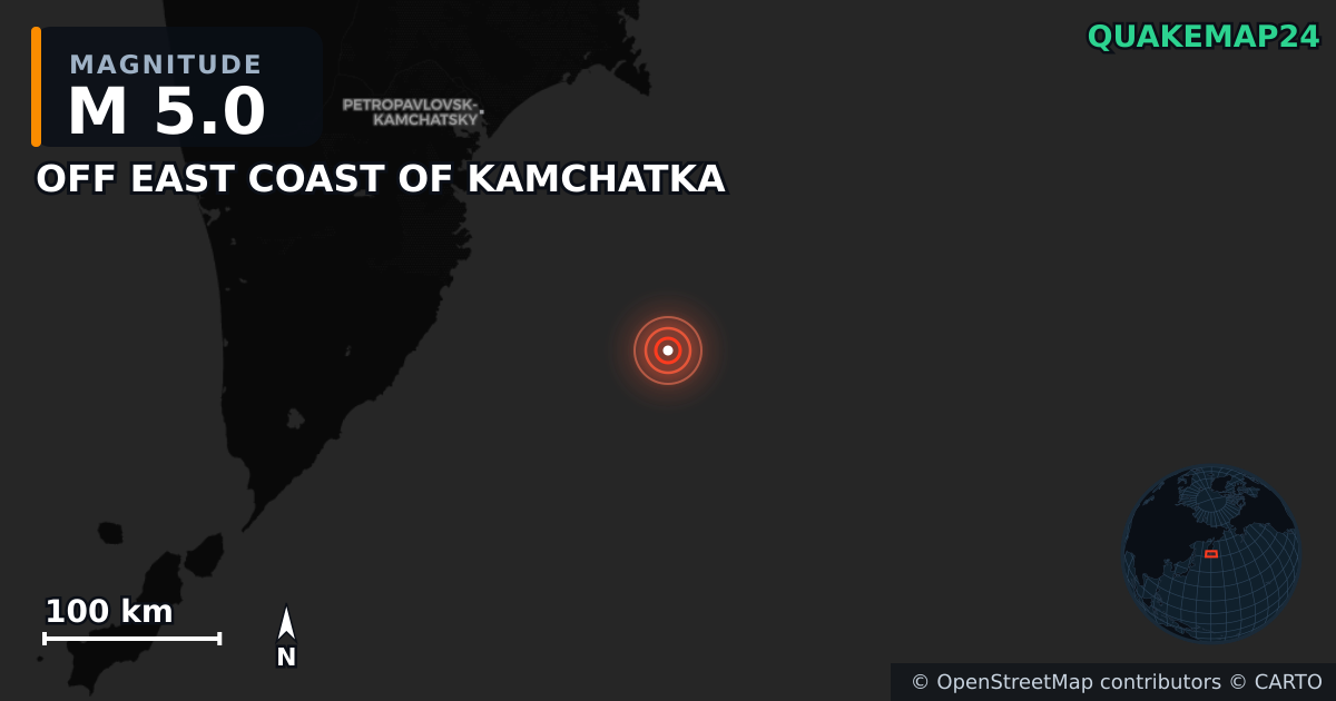 OFF EAST COAST OF KAMCHATKA yakınında M5,0 deprem — Deprem merkez üssünün konumunu gösteren harita
