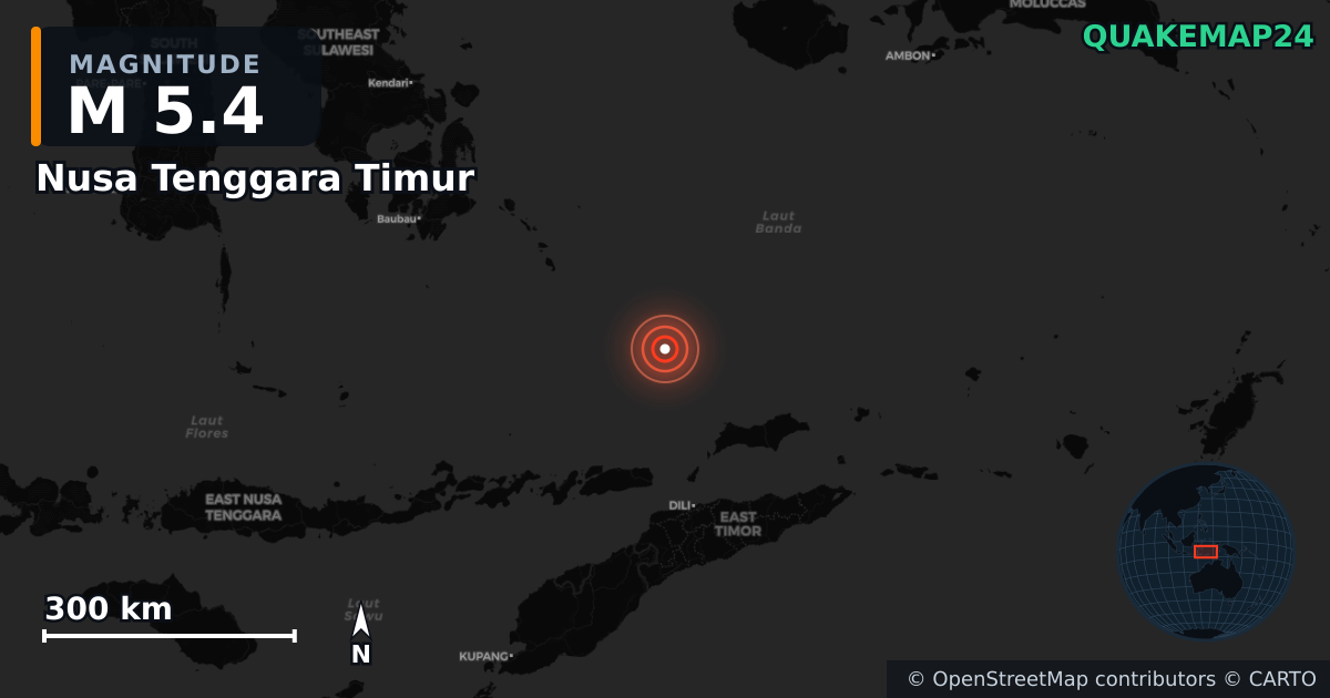 M5.4 earthquake near Nusa Tenggara Timur on Aug 12, 2025 — map of epicenter and shaking intensity | QuakeMap24