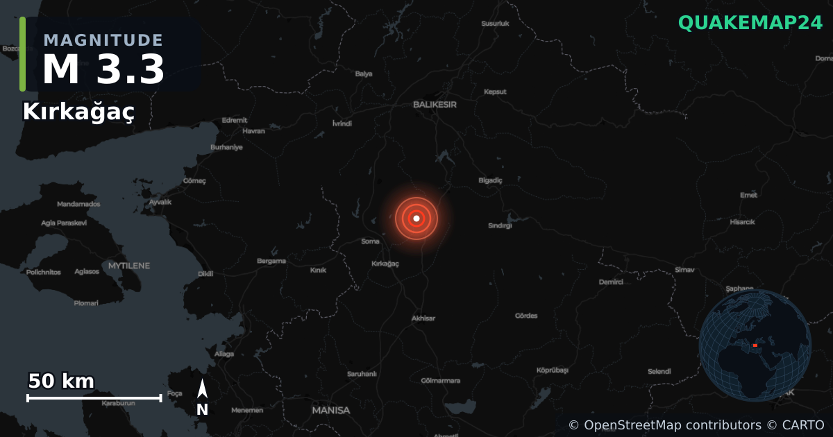 Terremoto de M3,3 cerca de Kırkağaç (Turquía) · 2026-01-02 — Mapa de la ubicación del epicentro