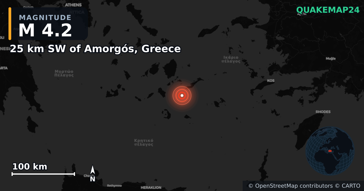 M4.2 earthquake near 25 km SW of Amorgós, Greece on Feb 3, 2025 — map of epicenter and shaking intensity | QuakeMap24