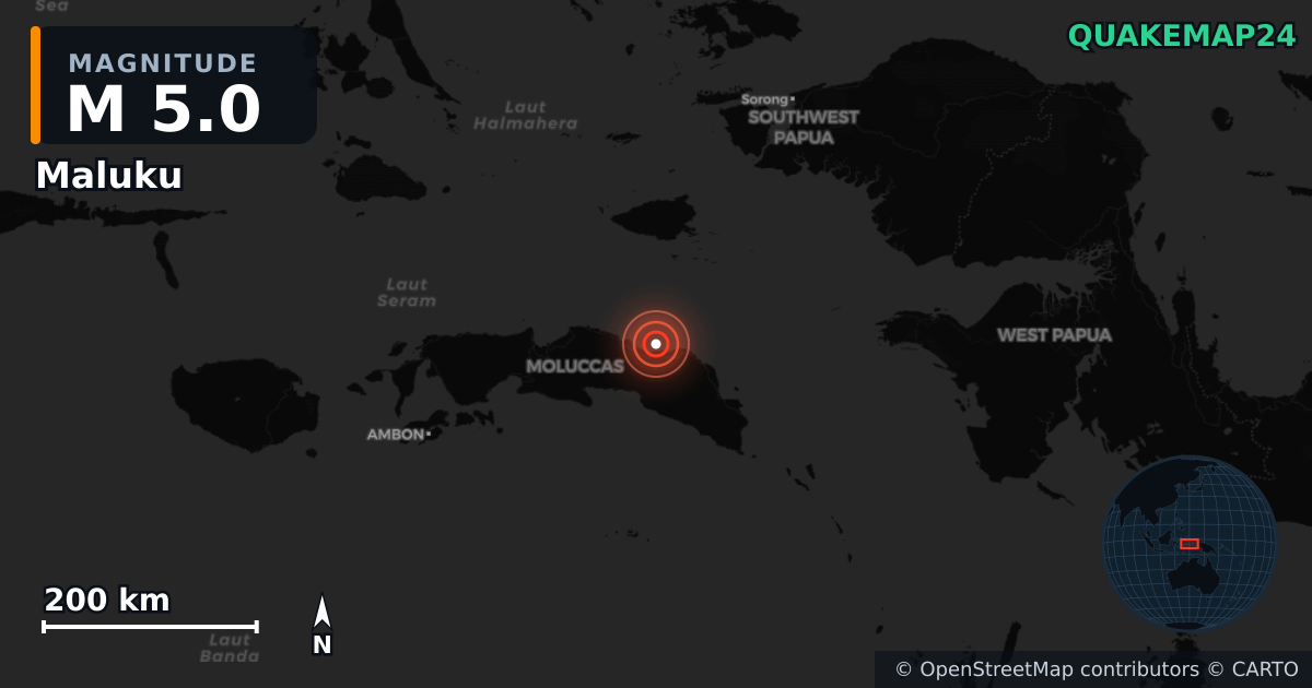 M5.0 earthquake near Maluku on Sep 4, 2025 — map of epicenter and shaking intensity | QuakeMap24