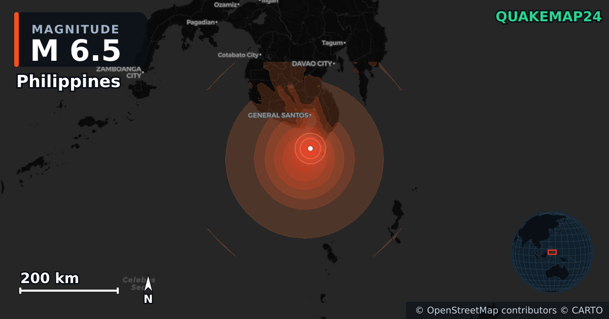 M6.5 earthquake near Philippines on Jun 26, 2026 — map of epicenter and shaking intensity | QuakeMap24