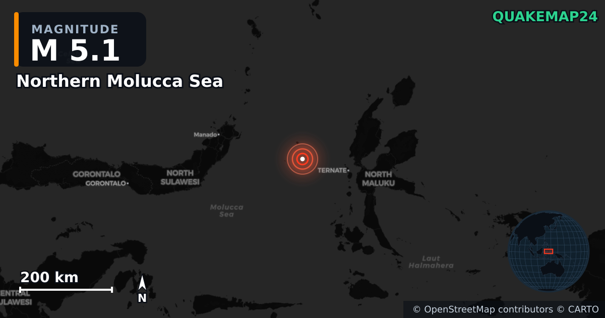 Erdbeben M5,1 bei Northern Molucca Sea — Karte der Lage des Epizentrums