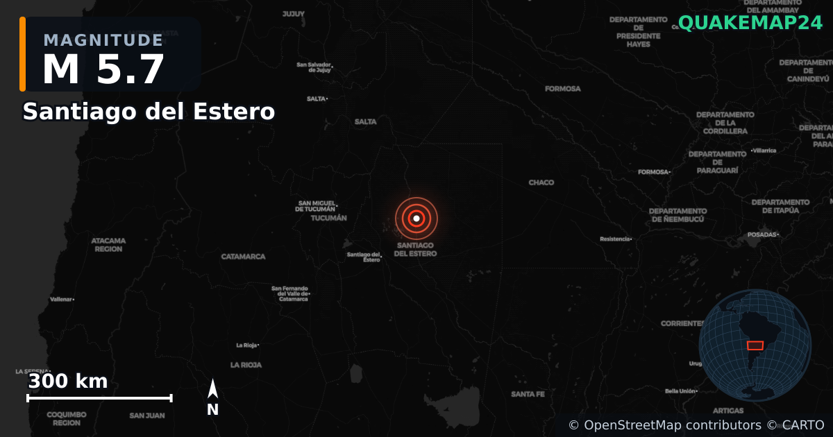 M5.7 earthquake near Santiago del Estero on Oct 2, 2025 — map of epicenter and shaking intensity | QuakeMap24