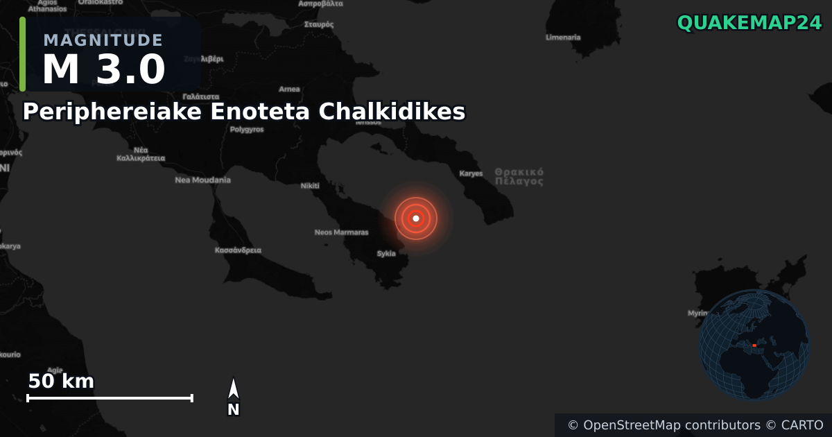 M3.0 earthquake near Periphereiake Enoteta Chalkidikes on May 25, 2026 — map of epicenter and shaking intensity | QuakeMap24