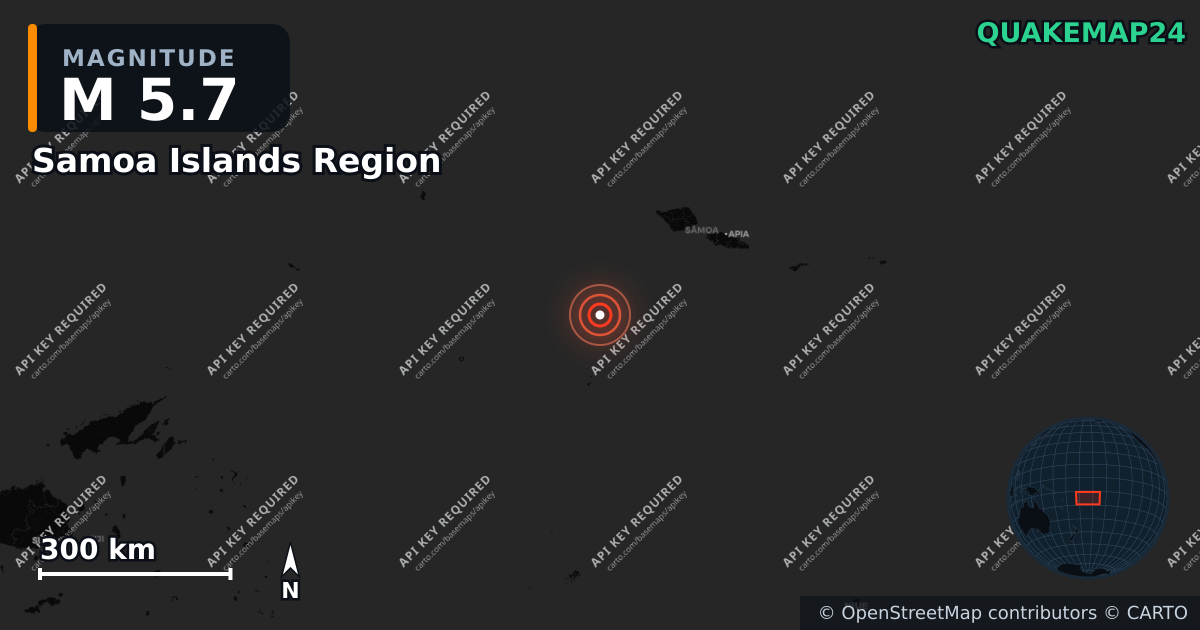 M5.7 earthquake near Samoa Islands Region on Feb 10, 2026 — map of epicenter and shaking intensity | QuakeMap24