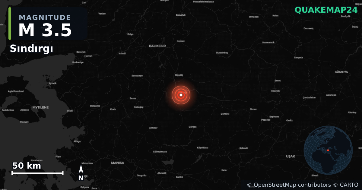 M3.5 earthquake near Sındırgı on Oct 29, 2025 — map of epicenter and shaking intensity | QuakeMap24