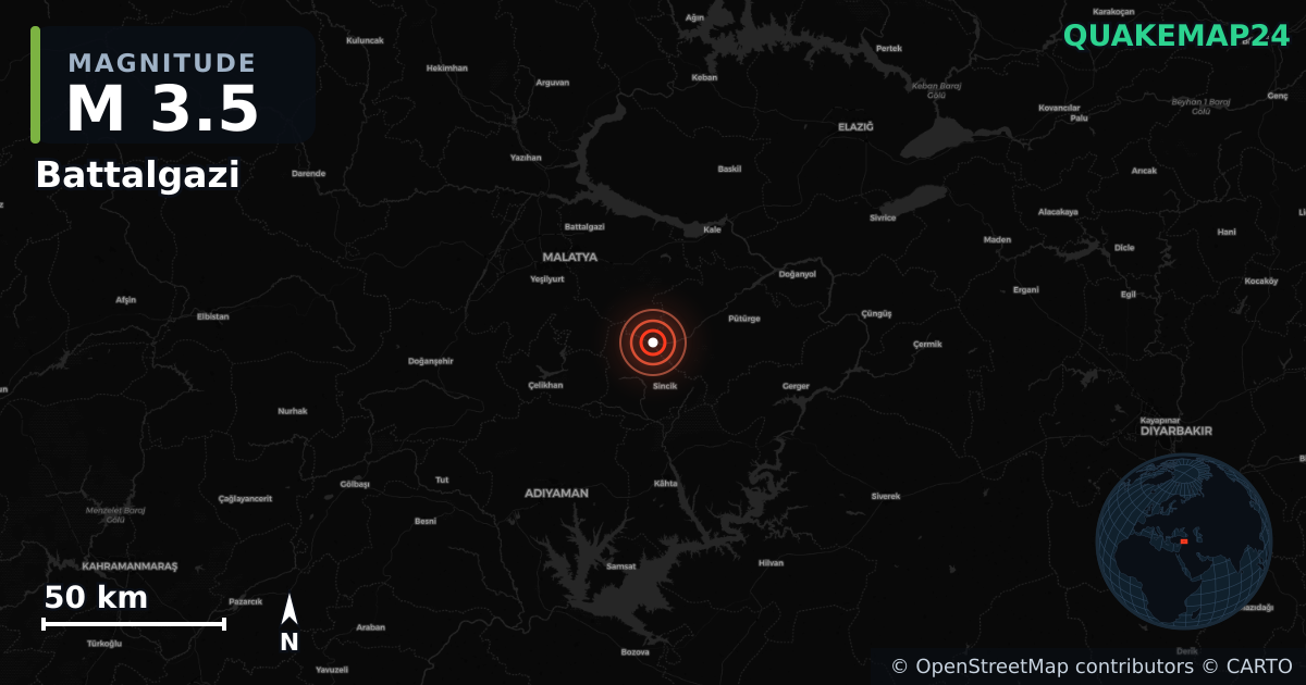 M3.5 earthquake near Battalgazi on Oct 10, 2025 — map of epicenter and shaking intensity | QuakeMap24