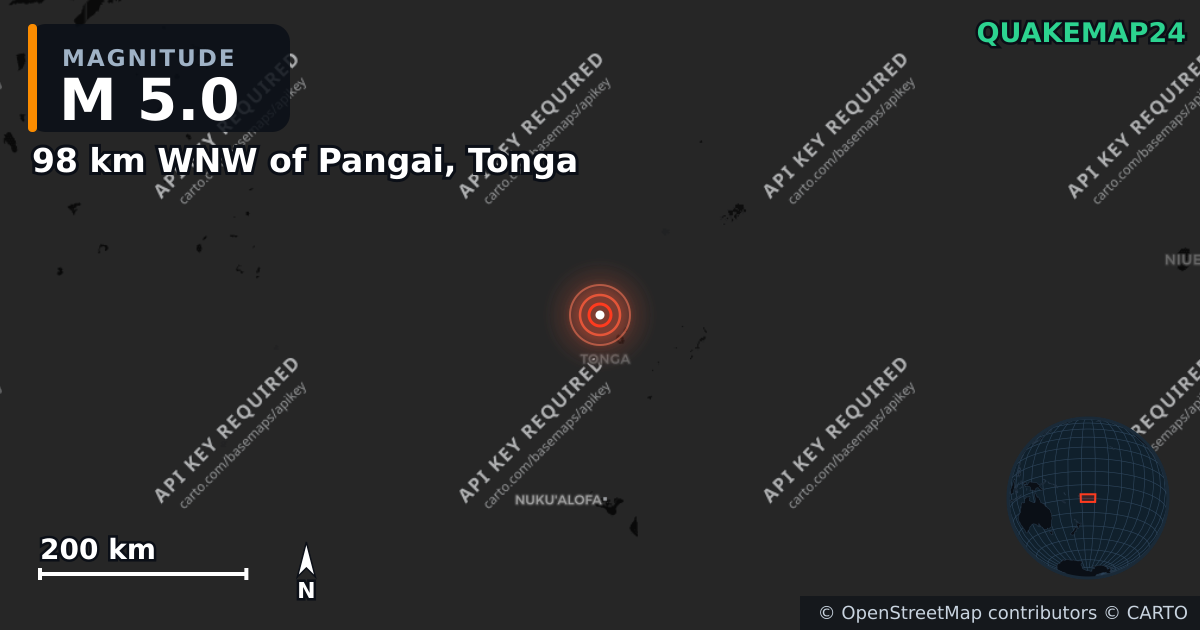 M5.0 earthquake near 98 km WNW of Pangai, Tonga on Sep 1, 2026 — map of epicenter and shaking intensity | QuakeMap24