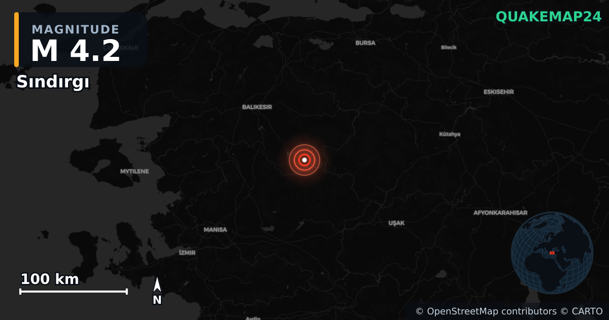 M4.2 earthquake near Sındırgı on Aug 19, 2025 — map of epicenter and shaking intensity | QuakeMap24