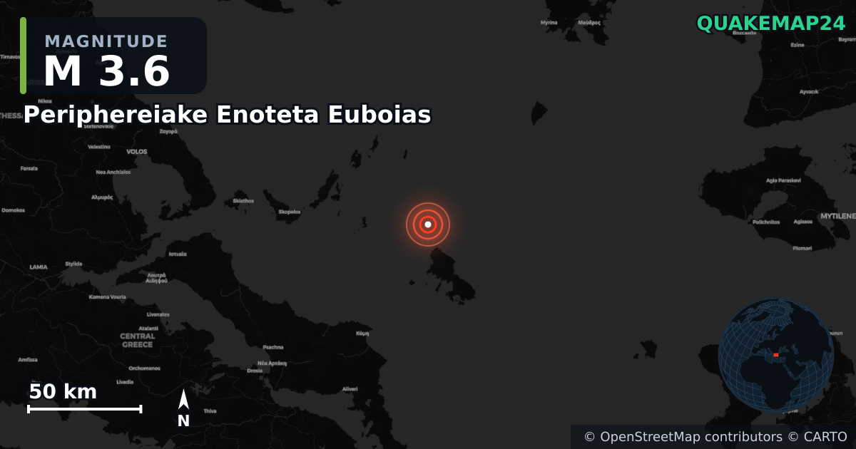 M3.6 earthquake near Periphereiake Enoteta Euboias on Nov 18, 2025 — map of epicenter and shaking intensity | QuakeMap24