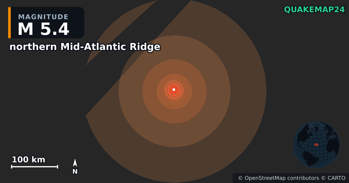 Erdbeben M5,4 bei northern Mid-Atlantic Ridge — Karte der Lage des Epizentrums