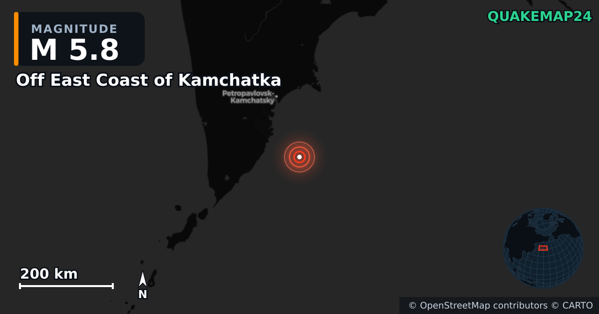M5.8 earthquake near Off East Coast of Kamchatka on Jul 30, 2025 — map of epicenter and shaking intensity | QuakeMap24