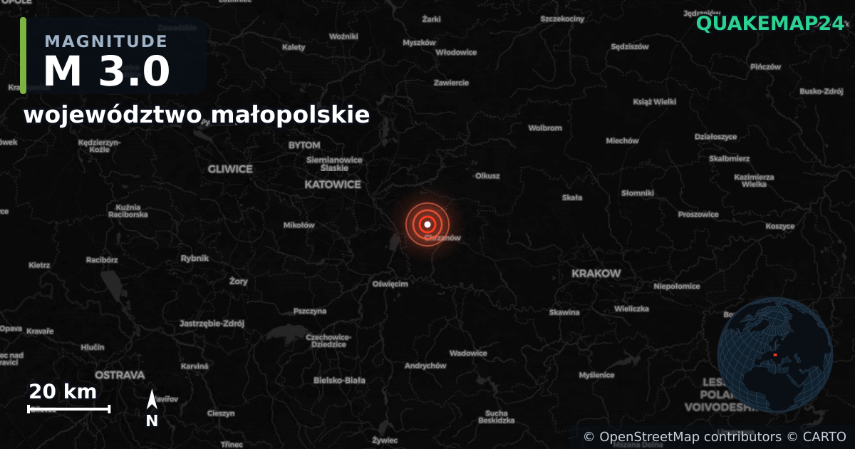 M3.0 earthquake near województwo małopolskie on Oct 16, 2025 — map of epicenter and shaking intensity | QuakeMap24