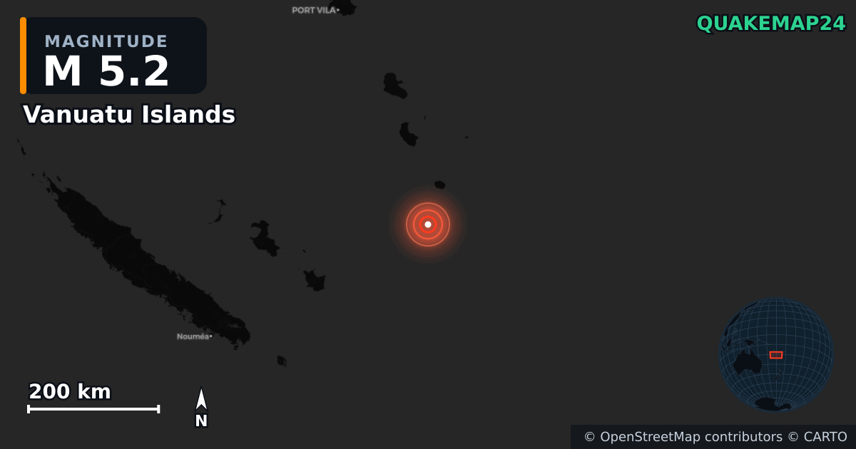 M5.2 earthquake near Vanuatu Islands on Aug 28, 2025 — map of epicenter and shaking intensity | QuakeMap24