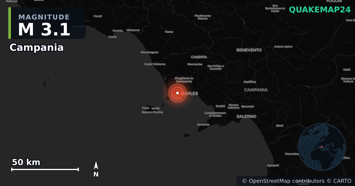 M3.1 earthquake near Campania on May 14, 2025 — map of epicenter and shaking intensity | QuakeMap24