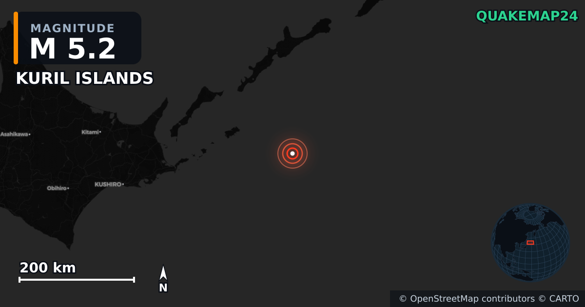 M5.2 earthquake near KURIL ISLANDS on Dec 17, 2025 — map of epicenter and shaking intensity | QuakeMap24