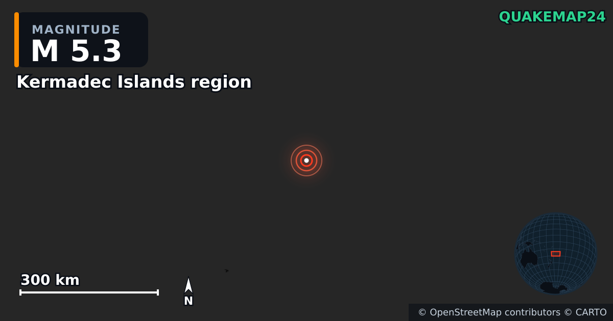 M5.3 earthquake near Kermadec Islands region on Dec 9, 2025 — map of epicenter and shaking intensity | QuakeMap24